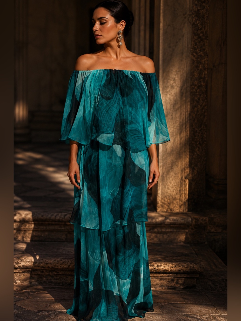 NWT Petal & Pup Teal Off the Shoulder Flowing Maxi Dress Size XS/ S